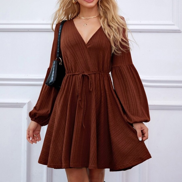Dresses & Skirts - Waist tie v neck ribbed knit long sleeve dress
